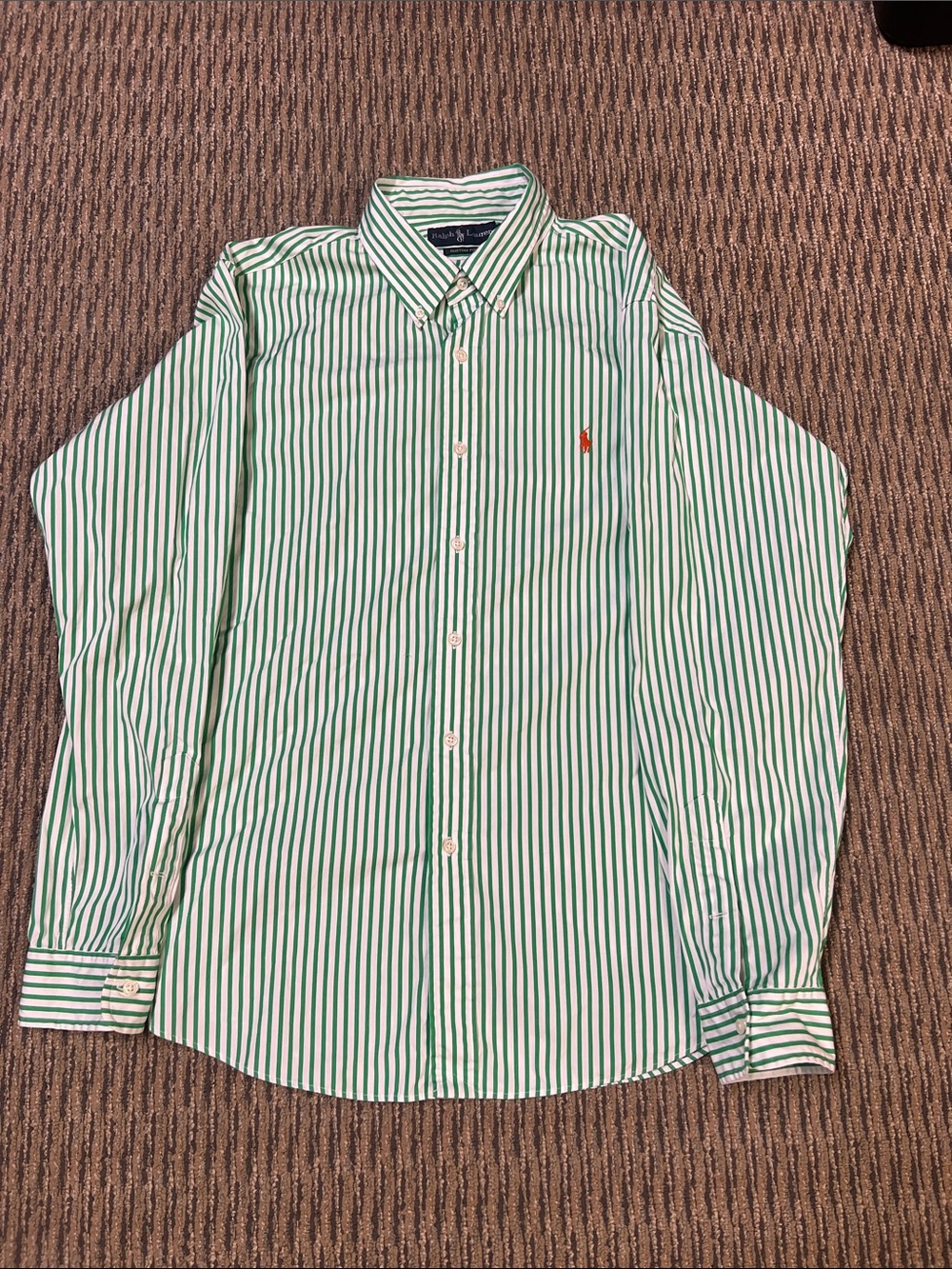 Polo by Ralph Lauren: Green and White Vertical Stripe Button-Down Shirt